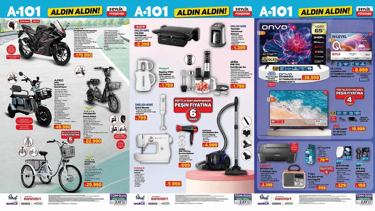 A101 3 Eylül 2026 Kataloğu Yayınlandı Volta Motosiklet, Televizyon ve Beyaz Eşya Fırsatları!
